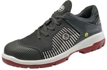Der Schuh ist schwarz mit grauen und weißen Streifen. Er hat eine gummierte, strukturierte Spitze und eine rutschfeste, rote Sohle. Die Spitze ist rund und die Schnürsenkel liegen in der Mitte.