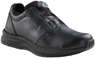 The image shows a black leather shoe with a low silhouette. It has a textured surface and a quick lacing system that is secured with a twist knob.
