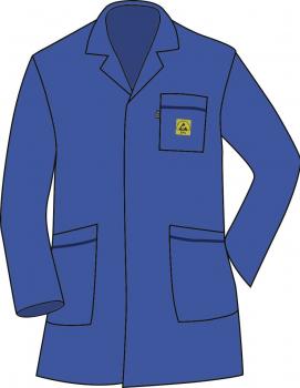 The image shows a blue coat with a pointed collar. It has a chest pocket and two side pockets. The coat appears simple and functional, ideal for various professional fields.