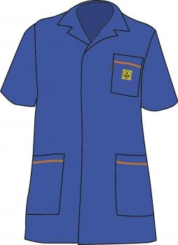 The image shows a short, blue jacket with a collar. It has a chest pocket and two large side pockets. There is a small yellow logo on the chest pocket.