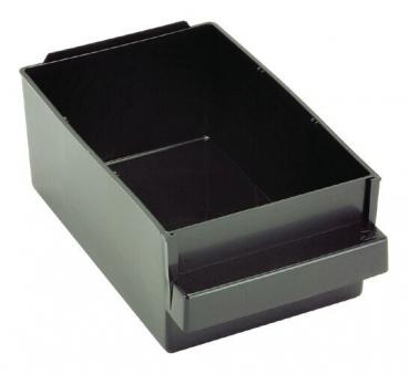 The image shows a rectangular, black plastic box without a lid. It has smooth walls and a flat bottom. One side features a small indentation that serves as a handle.