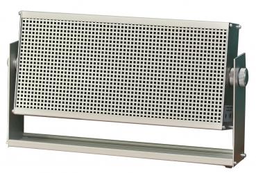 The image shows a rectangular metallic speaker with a perforated grille on the front. It has a simple gray color and is mounted on a sturdy base.