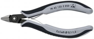 Das Bild zeigt eine kleine Zange mit grauen Griffen und einer metallischen Schnittfläche. Sie ist ergonomisch geformt und hat eine ESD-Kennzeichnung. Ideal für präzises Schneiden.