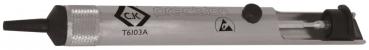 It is a silver precision pen with a black tip. The logo 
