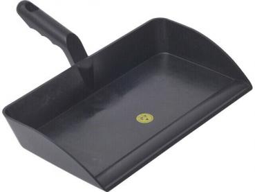 The image shows a black plastic shovel with a long handle. The shovel has a slanted edge and a flat, rectangular shape.