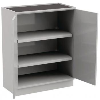 The cabinet is gray, rectangular, and has an open door on the right side. Inside, three shelves are visible, providing ample space.