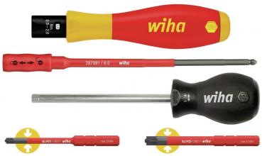 The image shows four screwdrivers. The top one is red and yellow, the others are red and black. Each has different blades and shapes, all are marked with the "wiha" logo.