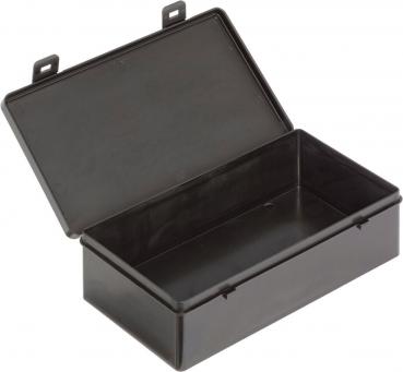 It is a rectangular, black plastic box with a lid that is flipped open. Inside, the box is empty and smooth. It has two small eyelets on the sides.