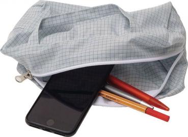 The picture shows a gray pencil case with a plaid pattern. It is open and contains a black cell phone as well as two pens, one red and one orange.