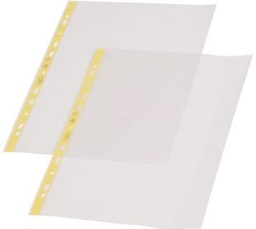 The image shows two transparent plastic sheets. One sheet is larger and lies on top, the other underneath. Both have yellow edges with holes for a binder.
