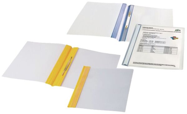 The image shows a transparent case or folder with a blue top tab. The case is rectangular and is used for storing documents.
