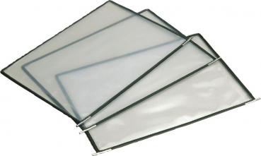 Das Bild zeigt mehrere transparente Dokumentenhüllen mit schwarzen Rändern. Sie sind gestapelt und bieten Platz für Blätter. Ideal zum Schutz von Dokumenten.