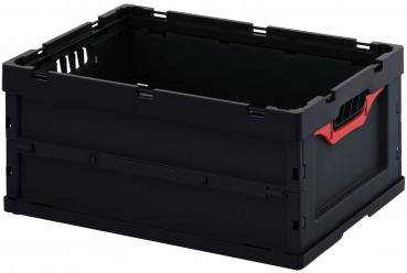 It is a black, square box with open sides. The top edge is reinforced, and a red label is attached to one side. The box appears sturdy and stackable.