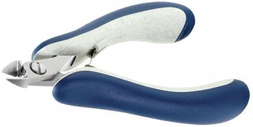 Das Bild zeigt eine Nagelschere mit scharfen Klingen und einem ergonomischen Griff. Die Griffe sind blau mit einer weichen, weißen Beschichtung für besseren Halt. Ideal für die Nagelpflege.