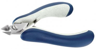 Das Bild zeigt eine Nagel- oder Klauenschneider, der aus Metall und ergonomischen, blauen Griffen besteht. Die Klingen sind scharf und geformt, um präzise Schnitte zu ermöglichen.