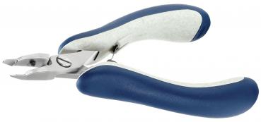 The image shows a flat-shaped pliers with a narrow, pointed cutting surface. The handles are ergonomically designed, with a blue and gray surface texture for better grip.