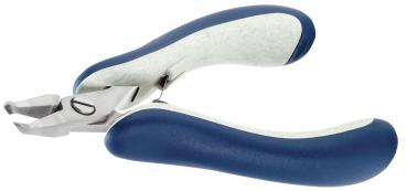 The image shows a nail clipper with an ergonomic handle. The clipper has a silver metal head and a blue, rubber-like grip for better hold.