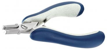 The image shows a pair of pliers with a slim, ergonomic handle in blue and white. The jaws of the pliers are flat and sharp, ideal for precise work.