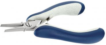 The pliers have a flat tip and grippy, ergonomic handles in blue and white. They are designed for precise tasks and allow for easy handling.