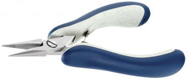 Das Bild zeigt eine Zange mit spitzen, schmalen Backen und ergonomischen, blauen Griffen. Die Zange ist geöffnet und hat eine glänzende Metalloberfläche.