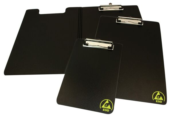 The image displays a black clipboard with a silver clip at the top. In the bottom left corner, there is a yellow symbol labeled 