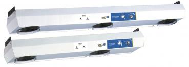 The image shows two elongated, silver ventilation devices. Each has a blue control area with buttons and symbols. The devices are arranged one above the other. They are designed to be sturdy and functional.