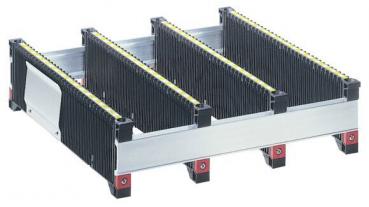 The image shows a shelf or a rack with several horizontal rails separated by vertical rods. The frame is made of aluminum, and the rods are black with a yellow edge.