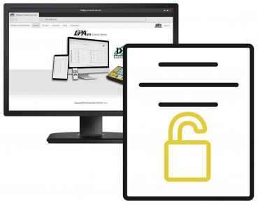 Das Bild zeigt einen Computerbildschirm mit einer Webseite, die mehrere Geräte darstellt. Neben dem Bildschirm ist ein Symbol eines offenen Vorhängeschlosses in Gelb, das Entsperrung symbolisiert.