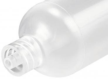 Das Bild zeigt eine flache, klare Plastikflasche mit runder Form. Der obere Teil hat einen Schraubverschluss, der eine gitterartige Öffnung zeigt, aus der der Inhalt dosiert werden kann.