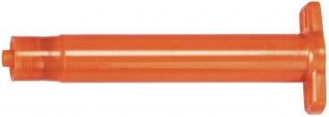 The image shows the upper part of an orange bottle. It has a round shape and a narrow, open neck that tapers slightly at the top.