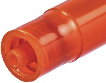 Das Bild zeigt einen orangefarbenen Marker. Der Körper des Markers ist länglich und hat eine glatte Oberfläche. Die Spitze ist rund und ebenfalls orange, mit einem Öffnung in der Mitte.