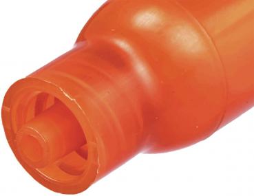 Das Bild zeigt das Ende eines orangefarbenen Markers. Die Oberfläche ist glatt und glänzend. Der Marker hat eine runde Form mit einem stabilen, leicht gewölbten Ende.