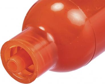 Das Bild zeigt den oberen Teil einer orangefarbenen Flasche. Sie hat eine runde Form und einen schmalen, offenen Flaschenhals, der oben leicht verjüngt ist.