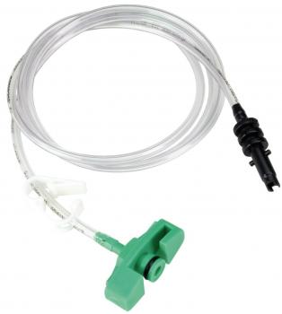 The image displays a piece of medical equipment: a flexible, transparent tube with a green valve in the middle and a black connector at the end.