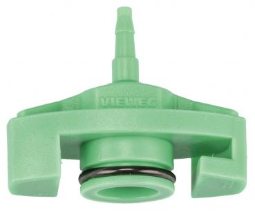 The image shows a green plastic part with a round, dense center and an upward-facing hose connection. It has a specially shaped base with lateral bulges.