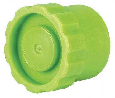 It is a green plastic cap. It is round, has a wavy edge, and a smooth surface in the center. The color is bright and striking.