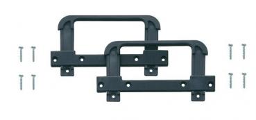 The image shows two black plastic handle strips arranged side by side. Next to them are four screws. The handles have a rectangular shape, ideal for assembly.