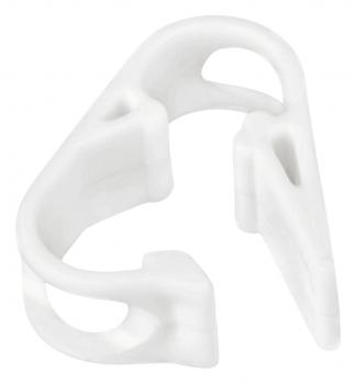 The image shows a white plastic clip in an asymmetrical shape. It has two openings and appears sturdy. The surface is smooth and slightly shiny.
