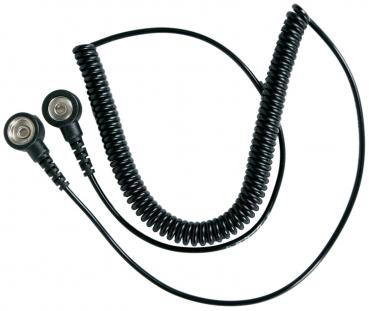 The image shows a black spiral cable with two round connectors at the ends. It is soft and flexible, typically used for audio or communication devices.