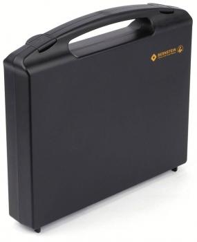 It is a black, rectangular suitcase with a sturdy handle. The surface is smooth and matte, with a small logo in the top right corner.