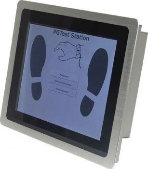 The image shows a touchscreen monitor displaying instructions for conducting a test. On the screen, outlines of feet and a hand are depicted.