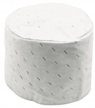 The image shows a round, white pouf with a soft surface. The top is flat and the sides are slightly curved. Small, diagonal lines adorn the surface, creating a textured pattern.