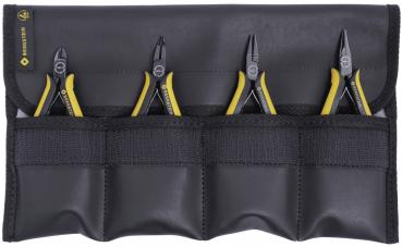 Das Bild zeigt eine schwarze Tasche mit vier Werkzeugen. Die Werkzeuge sind Zangen mit gelben Griffen und liegen in separaten Fächern der Tasche. Die Tasche hat eine klare, strukturierte Form.
