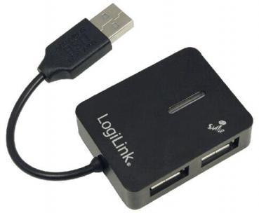 The image shows a black USB hub with an attached USB cable. It has two USB ports on the front and a simple, rectangular design.