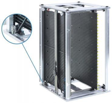 The image displays a square, framed device. It features black slats arranged vertically and is made of metal. It appears sturdy and industrial.