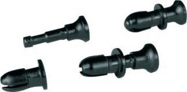 In the image, four black plastic parts are shown. They have different shapes: oval and cylindrical, with a wider head and a narrower end that is used for insertion.
