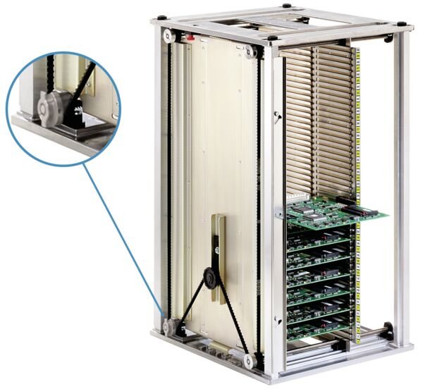 The image shows a vertical metal device with transparent sides. Inside, there are several green circuit boards, stacked and held by a structure.