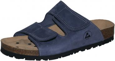 The image shows a black slipper with two adjustable Velcro straps. The sole is made of cork and the underside has a coarse profile for good grip.