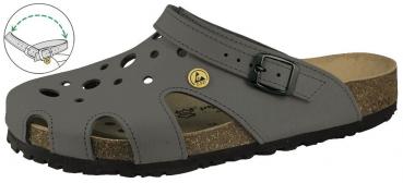 The image shows a gray clog sandal. It features several ventilation holes, an adjustable strap with a buckle, and an ergonomic cork sole for comfort and support.