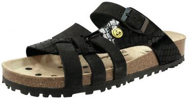 The shoe is a black sandal with two wide straps made of matte material and one strap with a buckle. The sole is made of brown cork with a non-slip bottom.